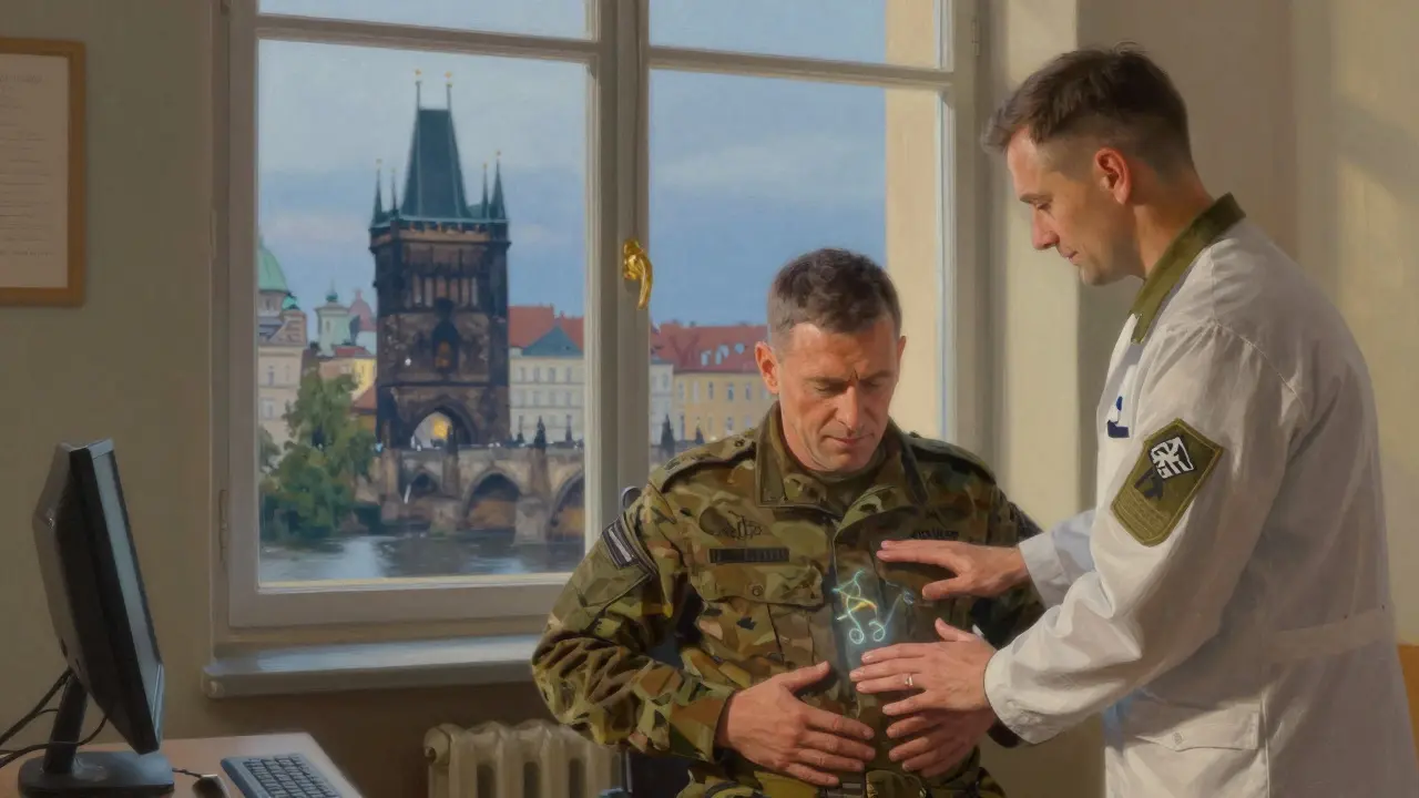 Terapeut a veterán v SE terapii s Karlým mostem za okny