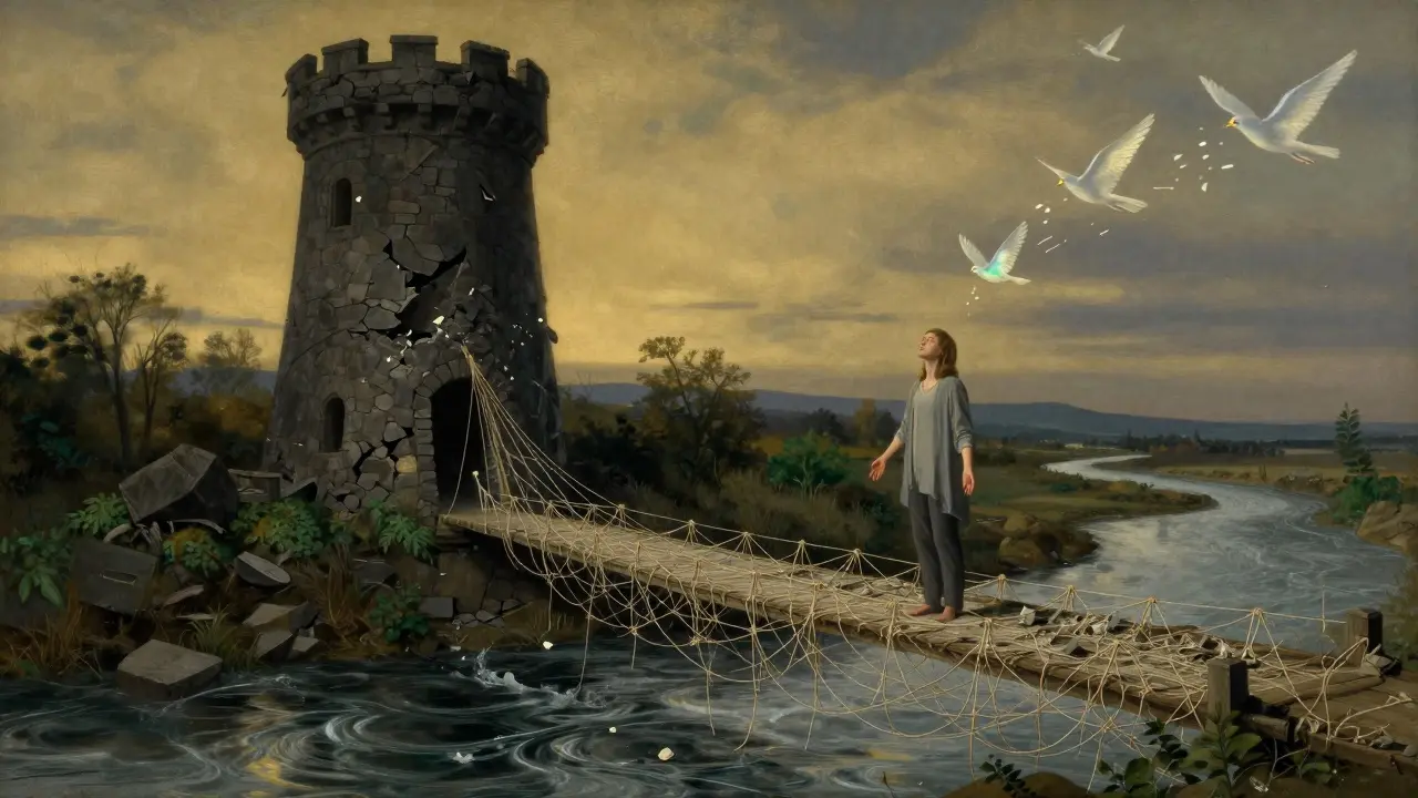 Trauma se mění v klidnou řeku, zatímco osoba najde mír ve své vnitřní krajince.