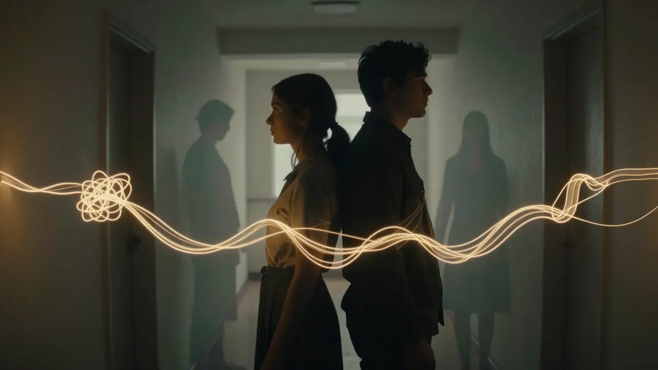 Žena a muž stojí zády k sobě, jejich postavy spojují se přecházející nitky – z uzlů se mění v plynulé proudy.