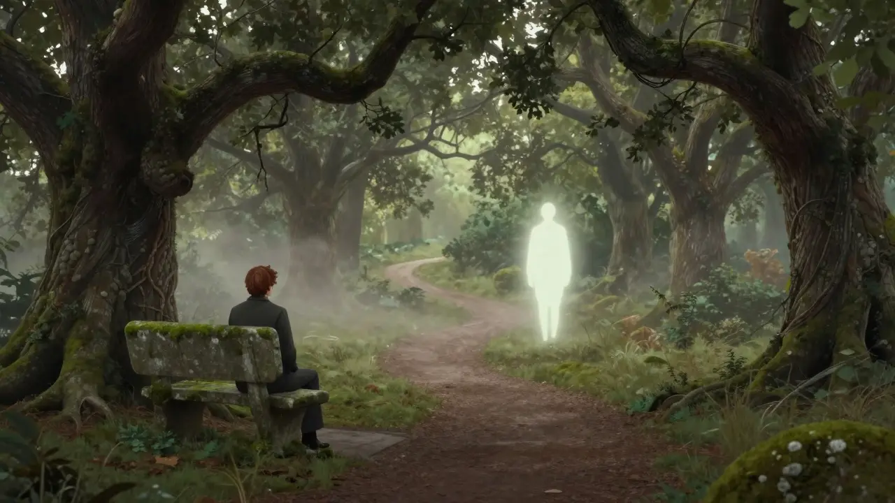 Cesta lesem: jedna postava opouští lavičku, druhá čeká v dálce — symbol přechodu v terapii.