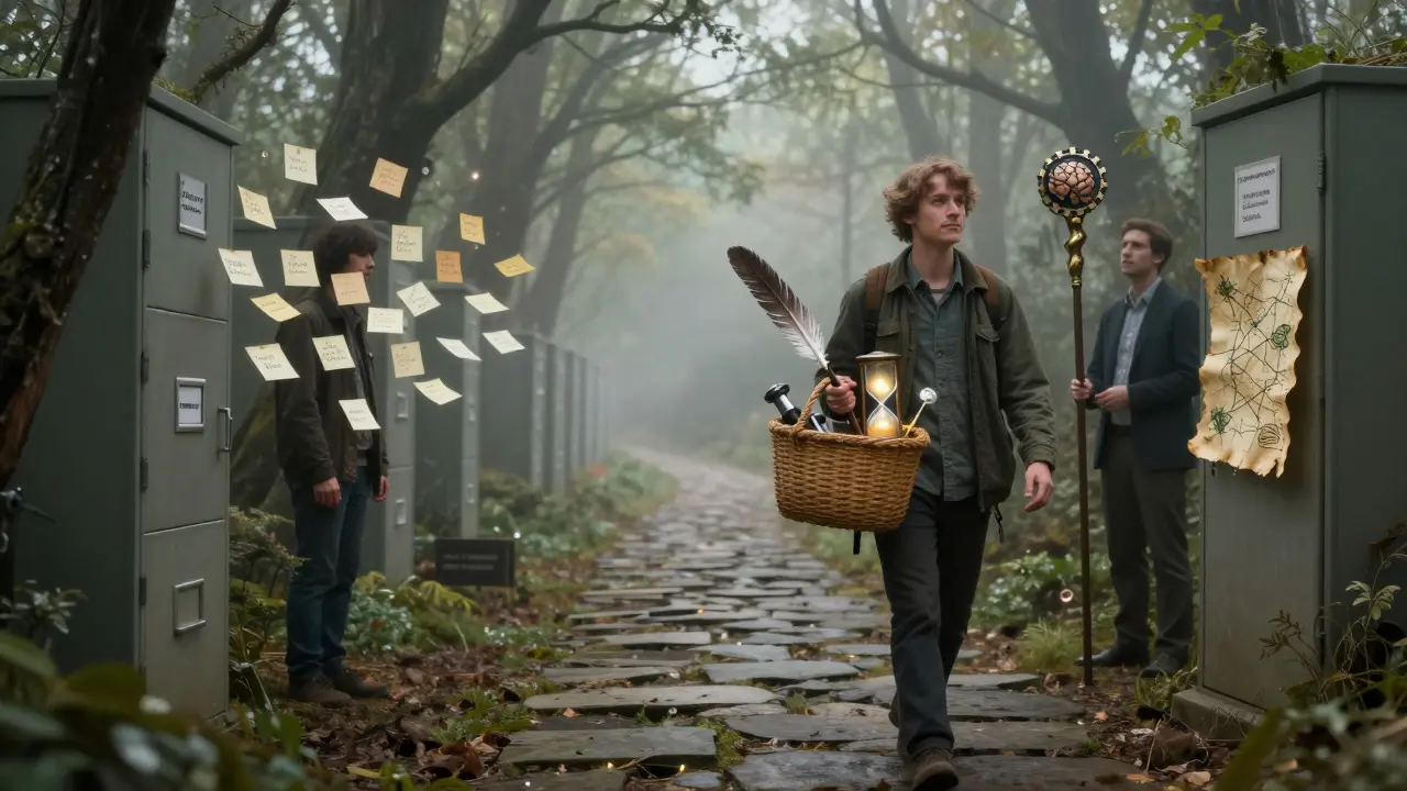 Cesta lesem, kde stromy jsou jako skříně, vede od zmatku k jasnotě, kde kouč stojí jako průvodce.