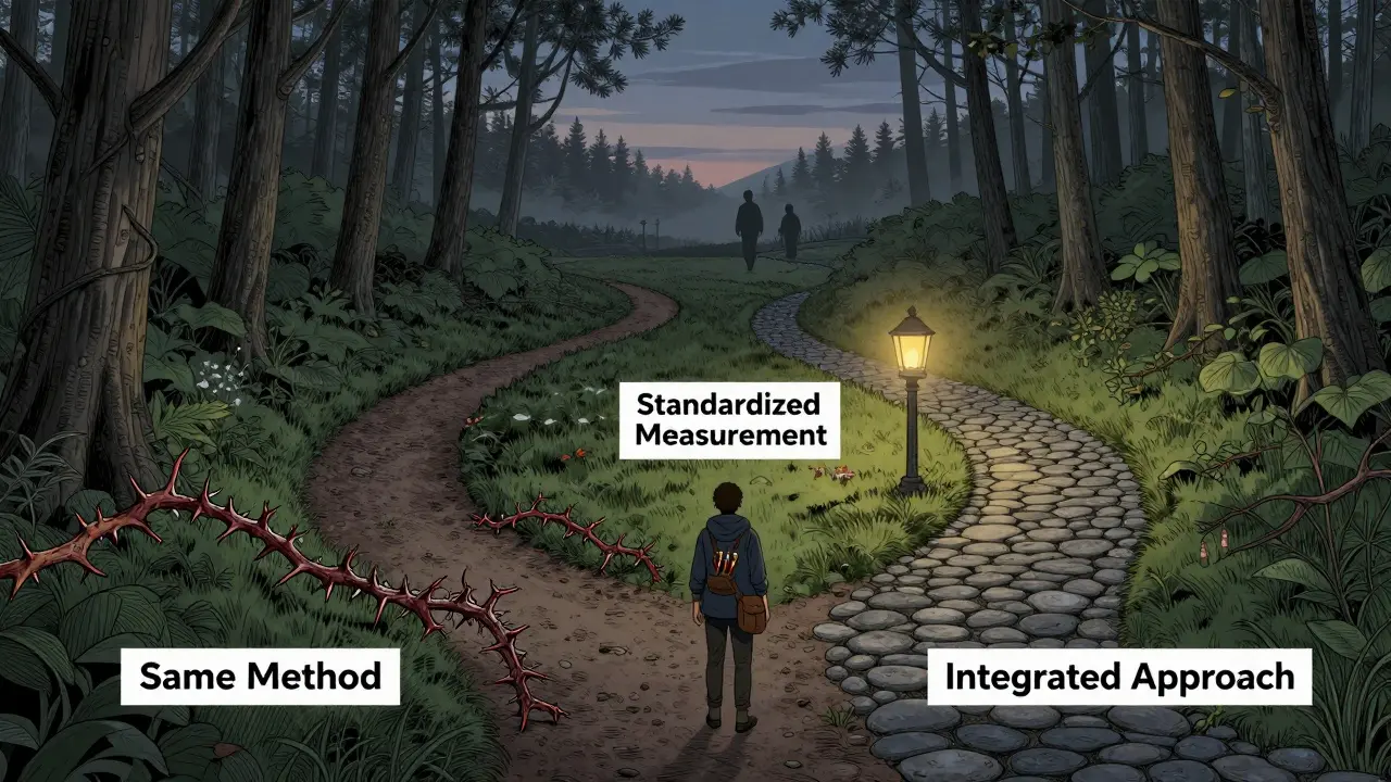 Cestovatel stojí na rozcestí tří terapeutických přístupů, přičemž jedna cesta je osvětlená jako nejúčinnější.