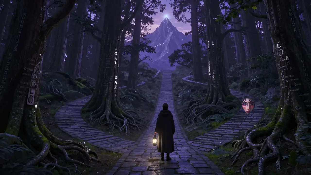 Cestovatel v temné lese stojí před třemi cestami, drží lampa, která odhaluje jeho odraz.