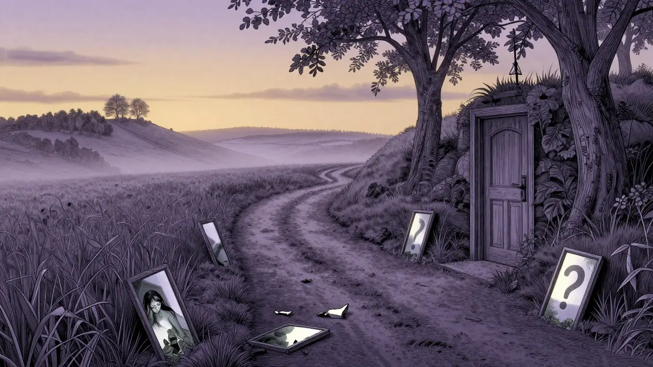 Cestovní krajina s dveřmi ve tvaru otazníku a rozbitými zrcadly představujícími příznaky utrpení.