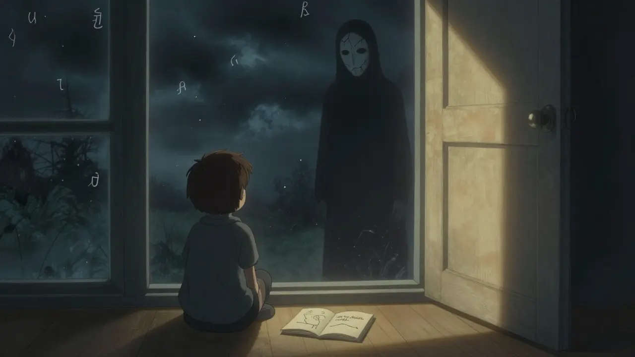 Dítě sedí u okna, stín dospělého za ním, teplé světlo a kniha s větou 'Není to kvůli tobě.'