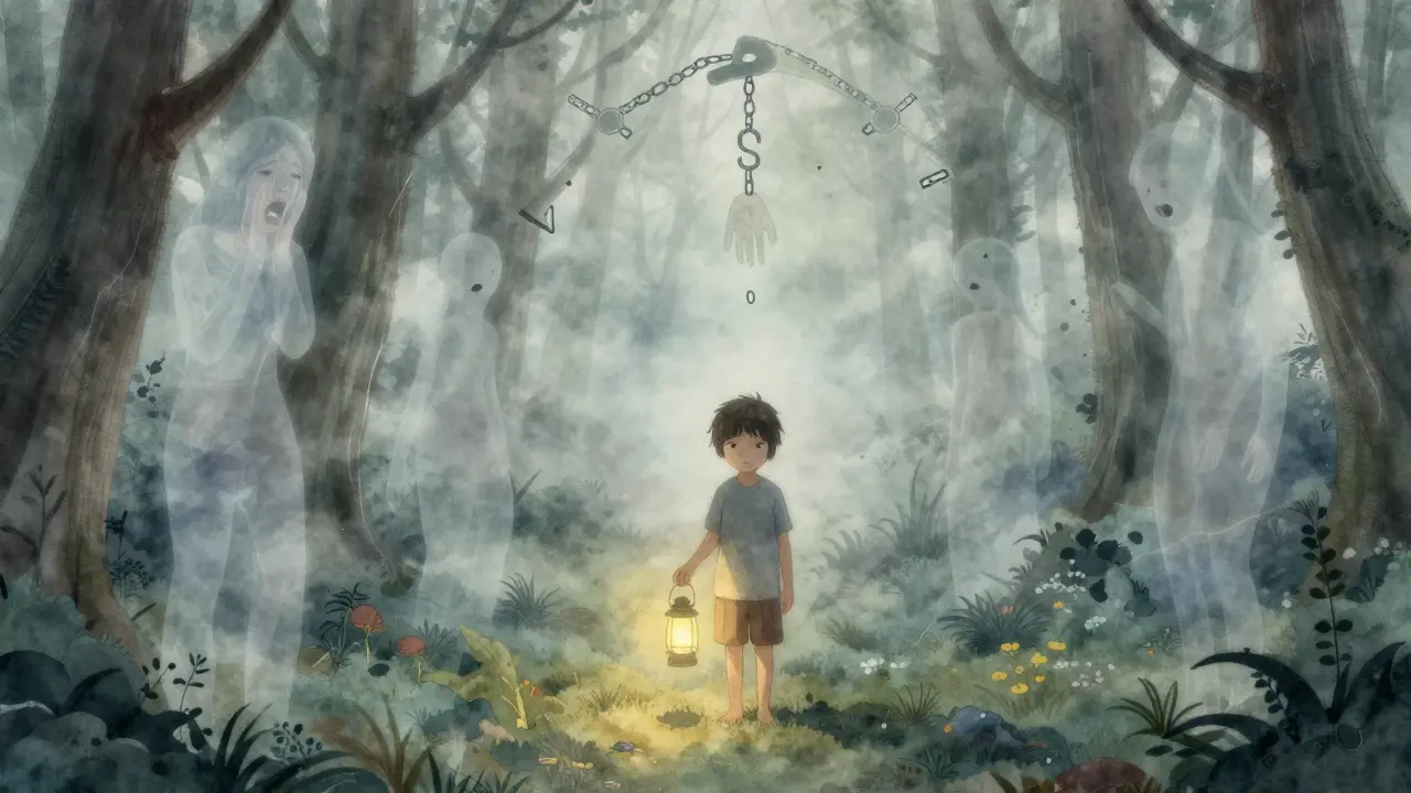 Dítě stojí v mlhavém lese s lucernou, kolem něj se vynořují nejasné postavy dospělých.