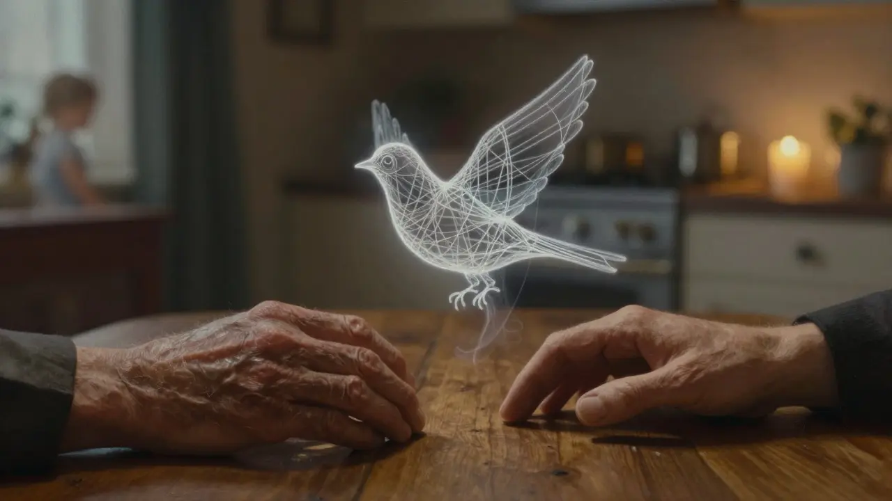 Dvě ruce se blíží k sobě přes stůl, mezi nimi se vznáší poloprsní pták z nitě.