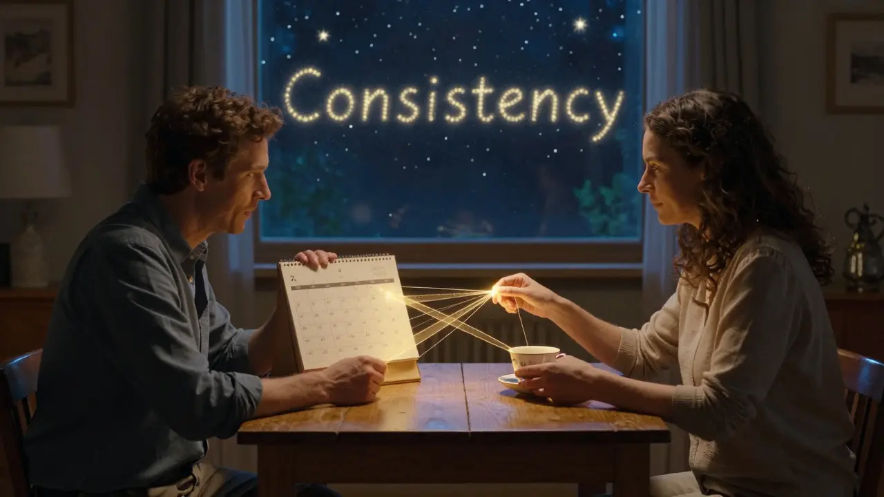 Dvojice spolu sedí u stolu, mezi nimi zlaté nitky tvoří časové bloky, venku hvězdy tvoří slovo 'Konzistence'.