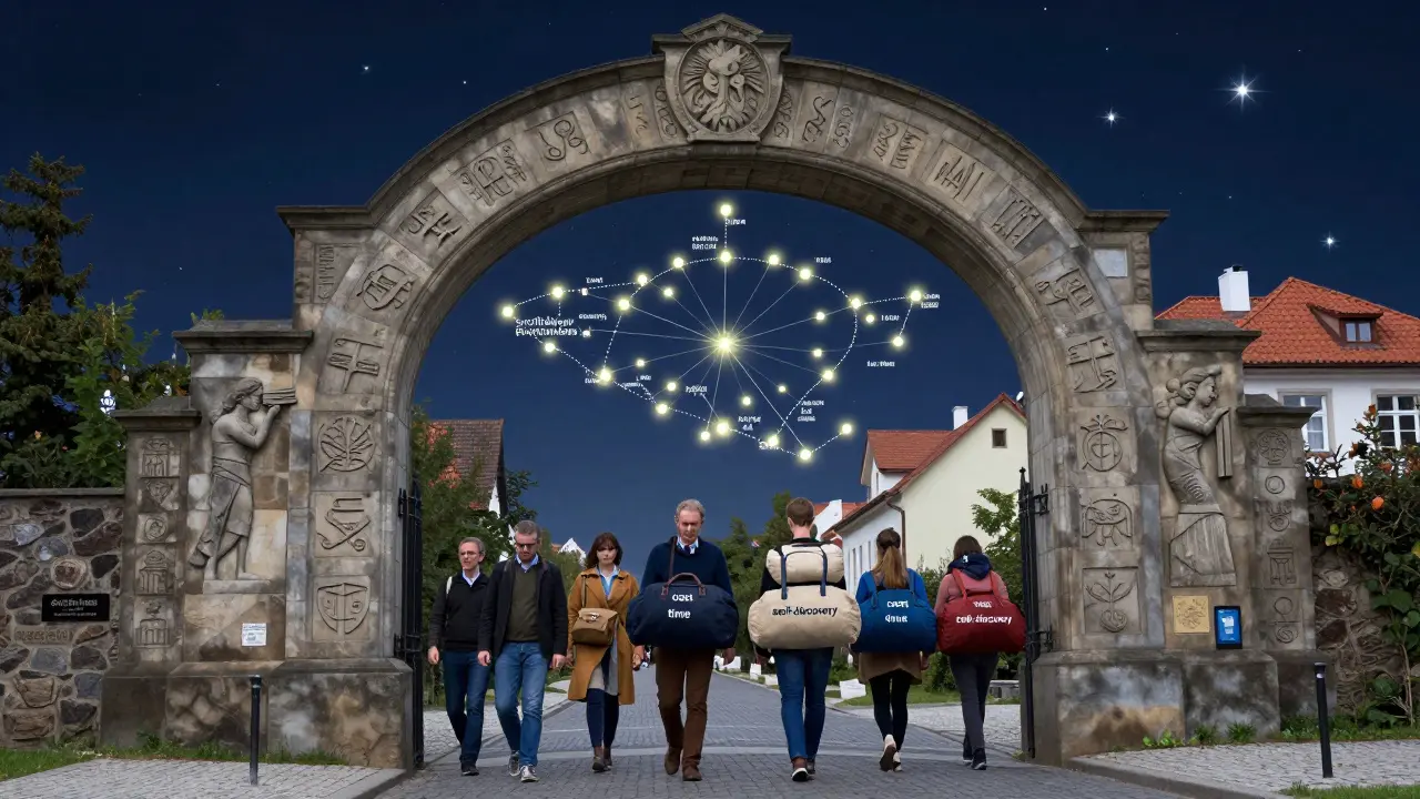 Kamenný oblouk s symboly léčby, pod ním lidé jdoucí vpřed, nad nimi mapa Česka se světly kvalifikovaných terapeutů.