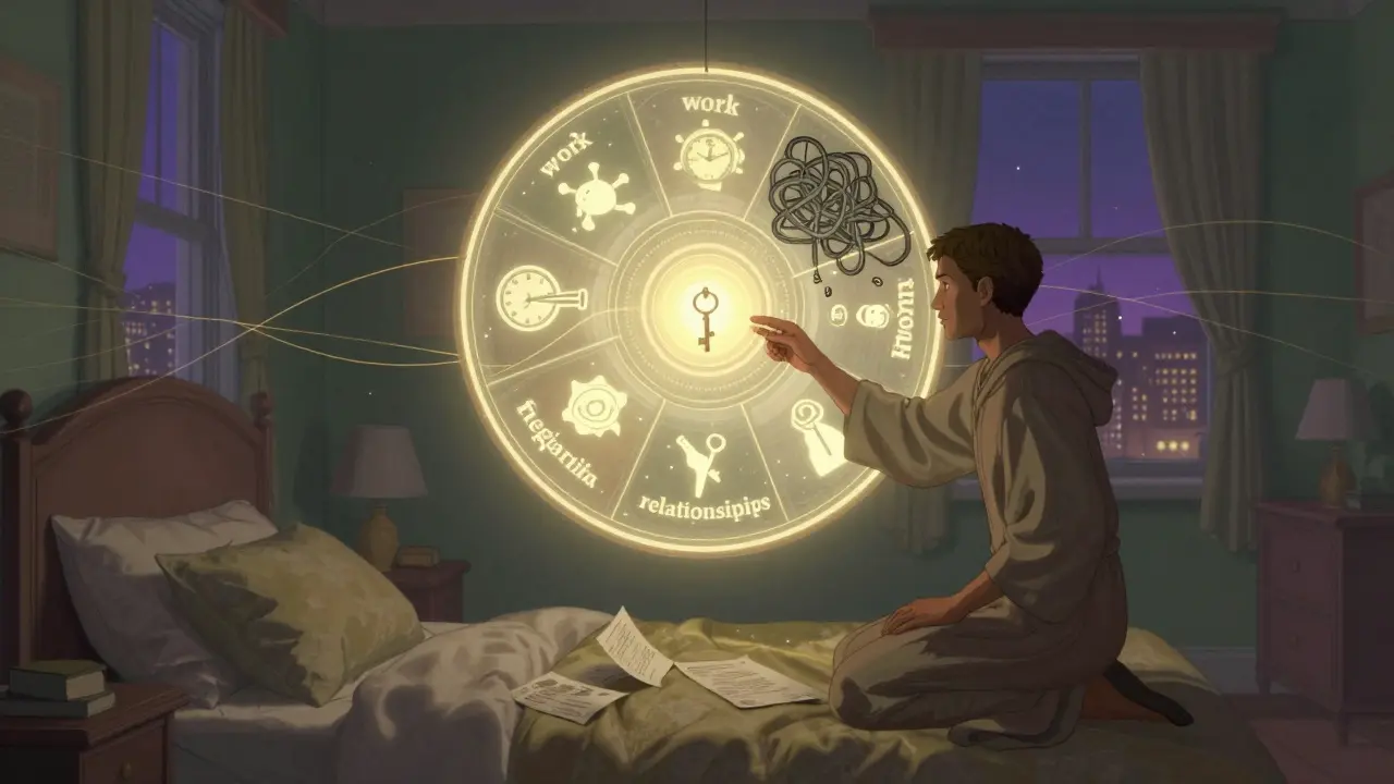 Kruh rovnováhy se rozsvěcuje nad postelí, když kouč vkládá klíč do jeho středu, napravující chaos.