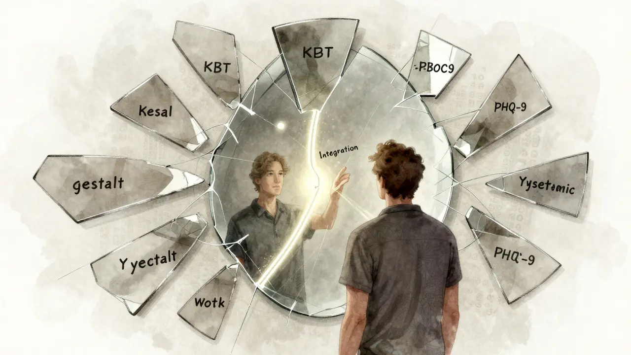 Lidé před zrcadlem s odrazem různých terapeutických přístupů, s číselnými daty ve vzduchu, hledají cestu k lepšímu řešení.