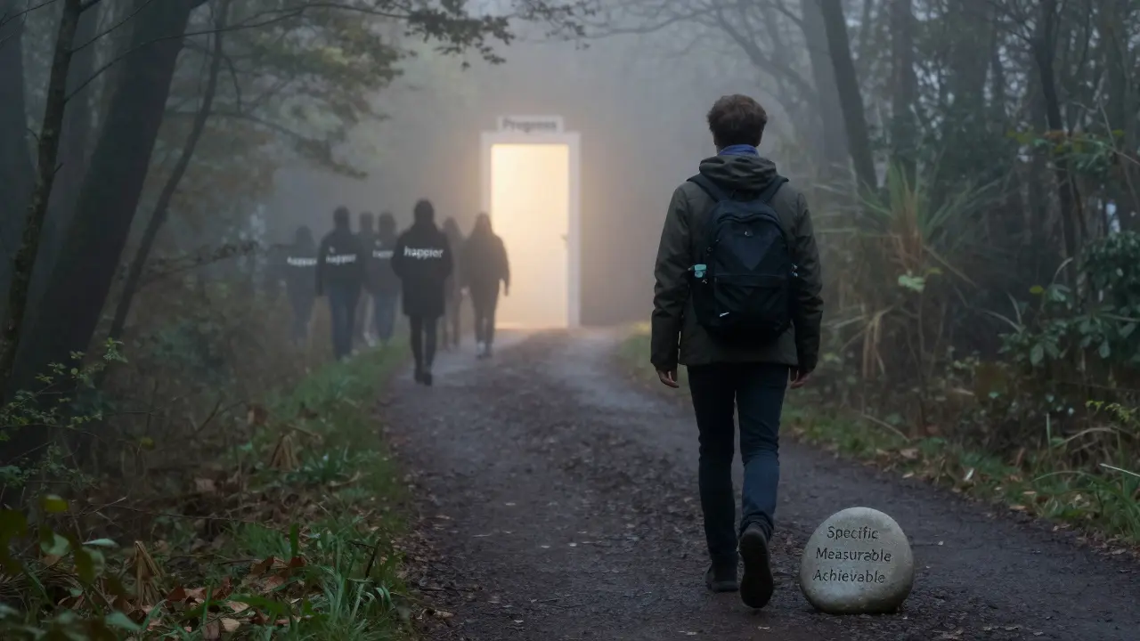 Muž jde lesem, kde každý krok má kamennou etiketu SMART cíle, před ním světlá brána.