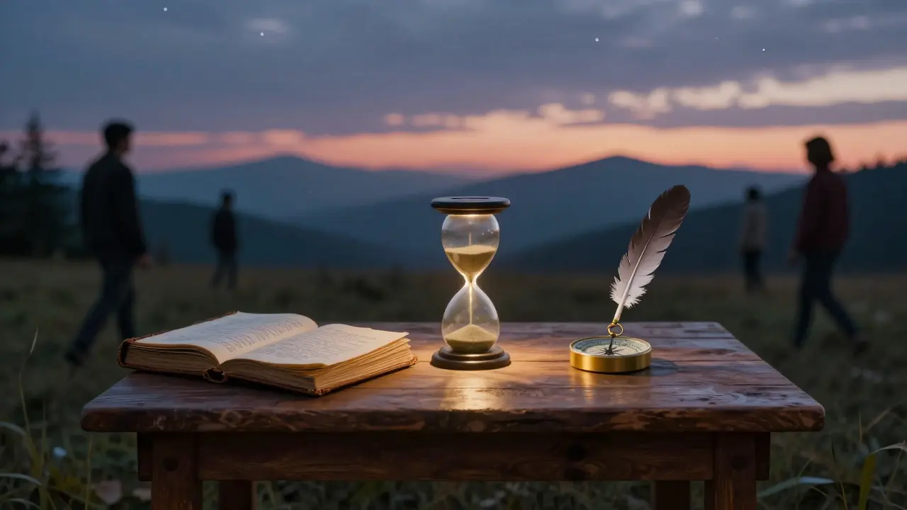 Na dřevěné lavičce tři symbolické předměty: deník, hodiny a pírko, představující psychoterapii, poradenství a koučink.