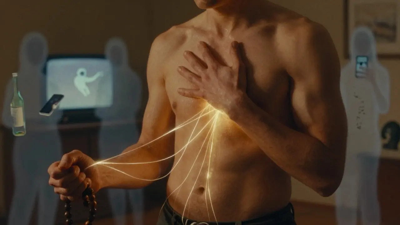 Osoba se uvolňuje, z jejího těla se odvíjejí světlé nitky napětí, kolem ní postupně mizí symboly závislosti.