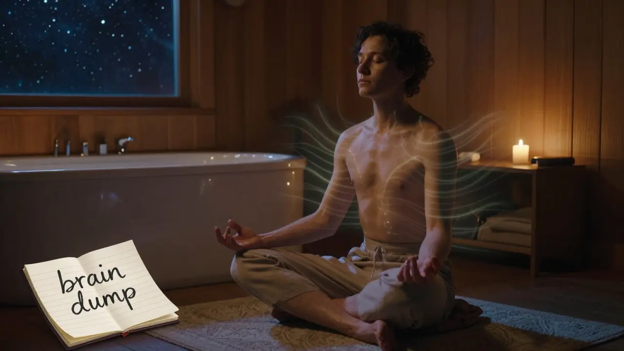 Osoba si dělá relaxaci svalů večer u teplé koupě s svíčkami a deníkem.