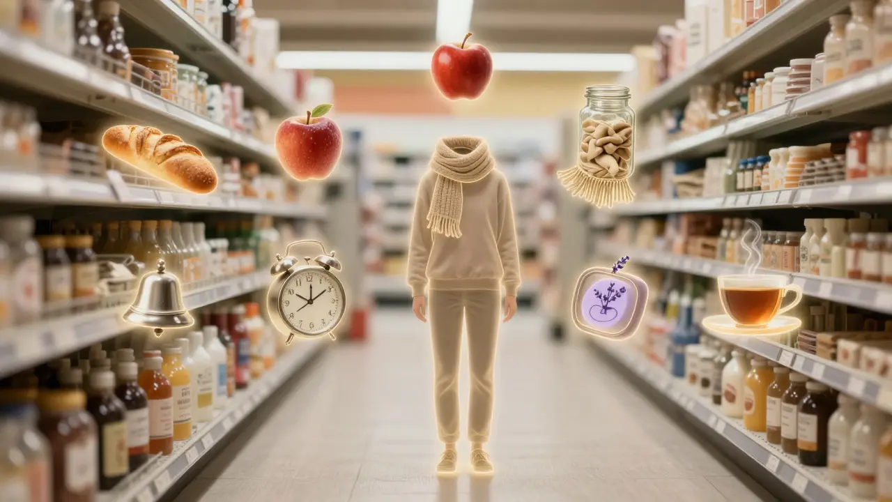 Osoba v supermarketu používá techniku 5-4-3-2-1, kolem ní plavou vizuální prvky smyslů.