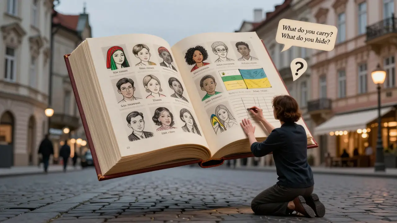 Otevřená kniha s obrazy klientů z různých kultur, terapeut se k ní přibližuje s úctou a touhou po porozumění.