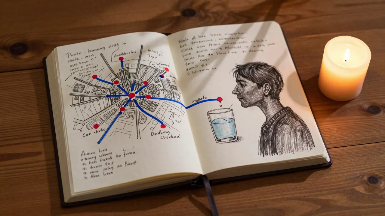 Otevřený sešit s krizovou mapou a svíčkou, ručně kreslené cesty nahrazují spouštěče závislosti klidnými akcemi.