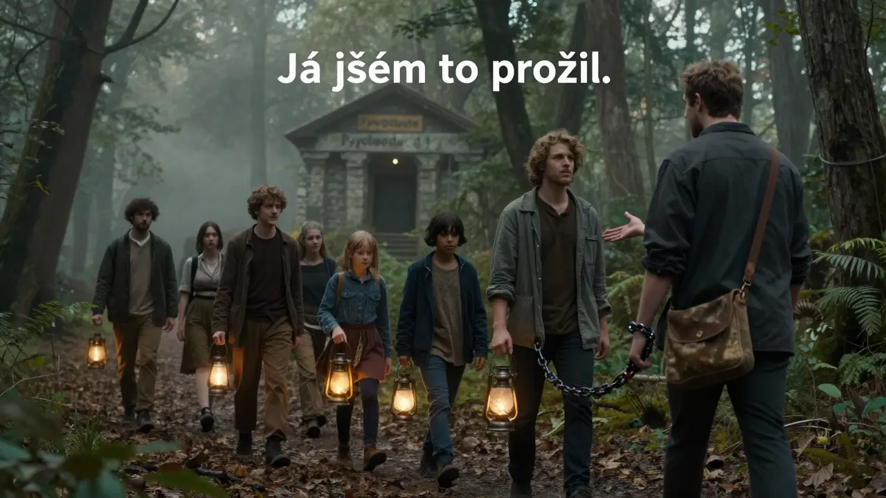 Rodina jde lesem s lucernami, před nimi postava s rozbitým řetězem a peer worker ji vede s klidným výrazem.