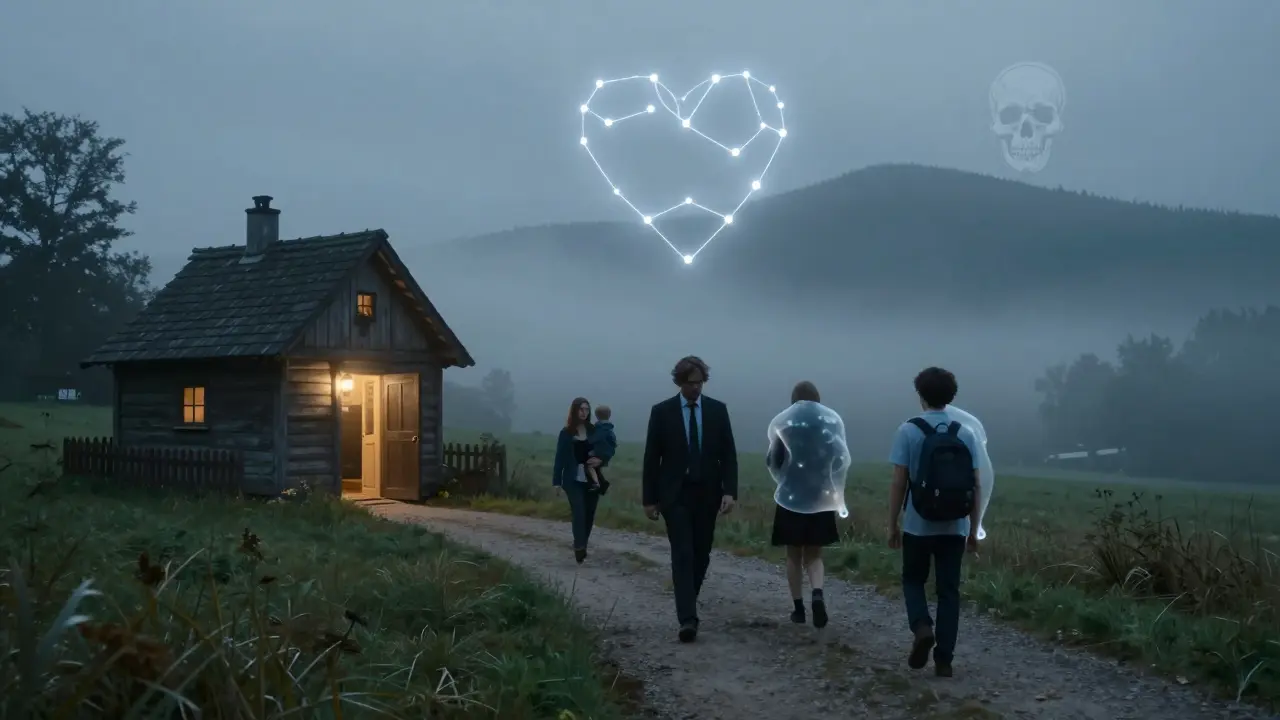 Různí lidé jdou po cestě k osvětlené chatě, jejich břemena se rozpouštějí ve světle.