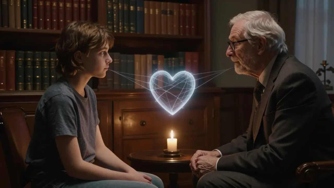 Student a terapeut sedí v kanceláři plné knih, mezi nimi svítí zářící nit spojující srdce.