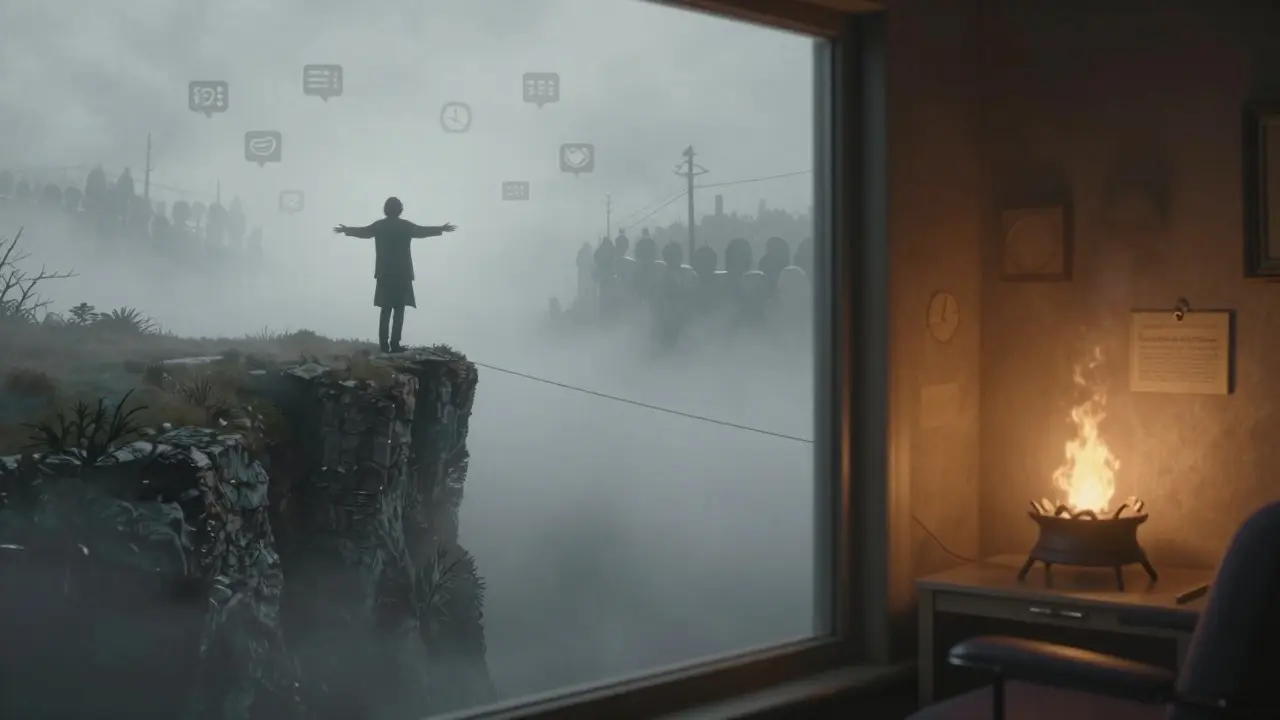 Symbolický krajina v okně: člověk stojí na okraji mlhy, zatímco digitální šum se rozpouští.