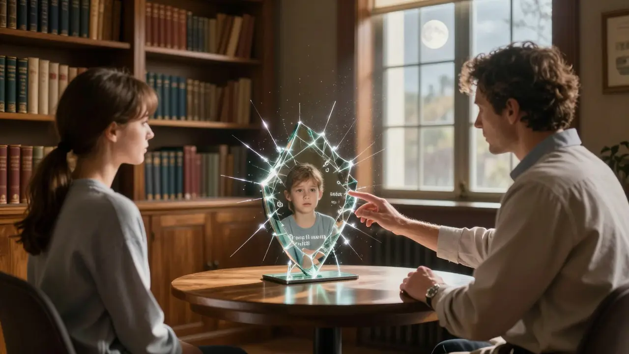 Terapeut a klient sedí v klidné místnosti, před nimi zrcadlo, které odráží skryté emoce.