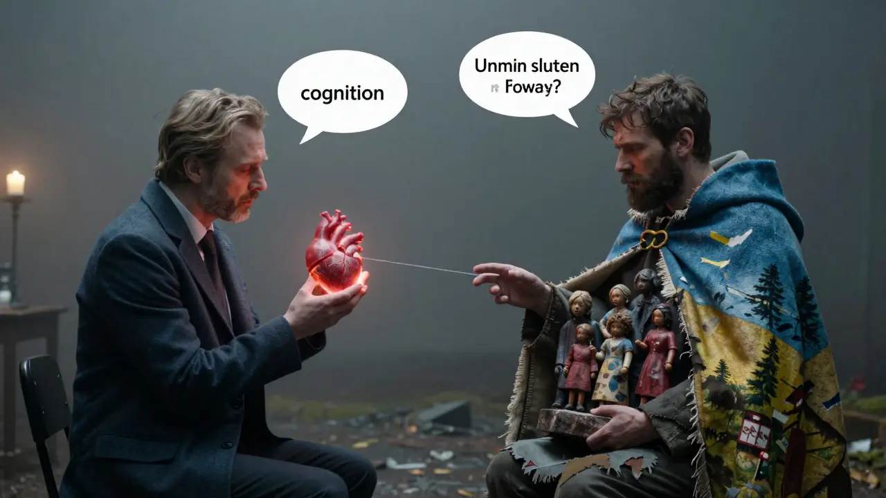 Terapeut a klient z Ukrajiny symbolicky setkávají své kulturní světy, každý nesoucí své vlastní tíživé zkušenosti.