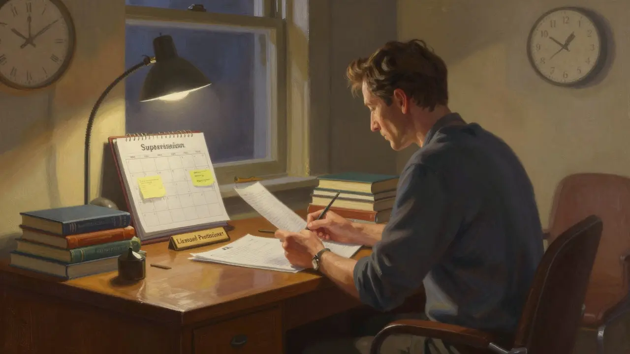 Terapeut pracuje pozdě v noci u stolu s knihami a kalendářem supervizí, za oknem město.