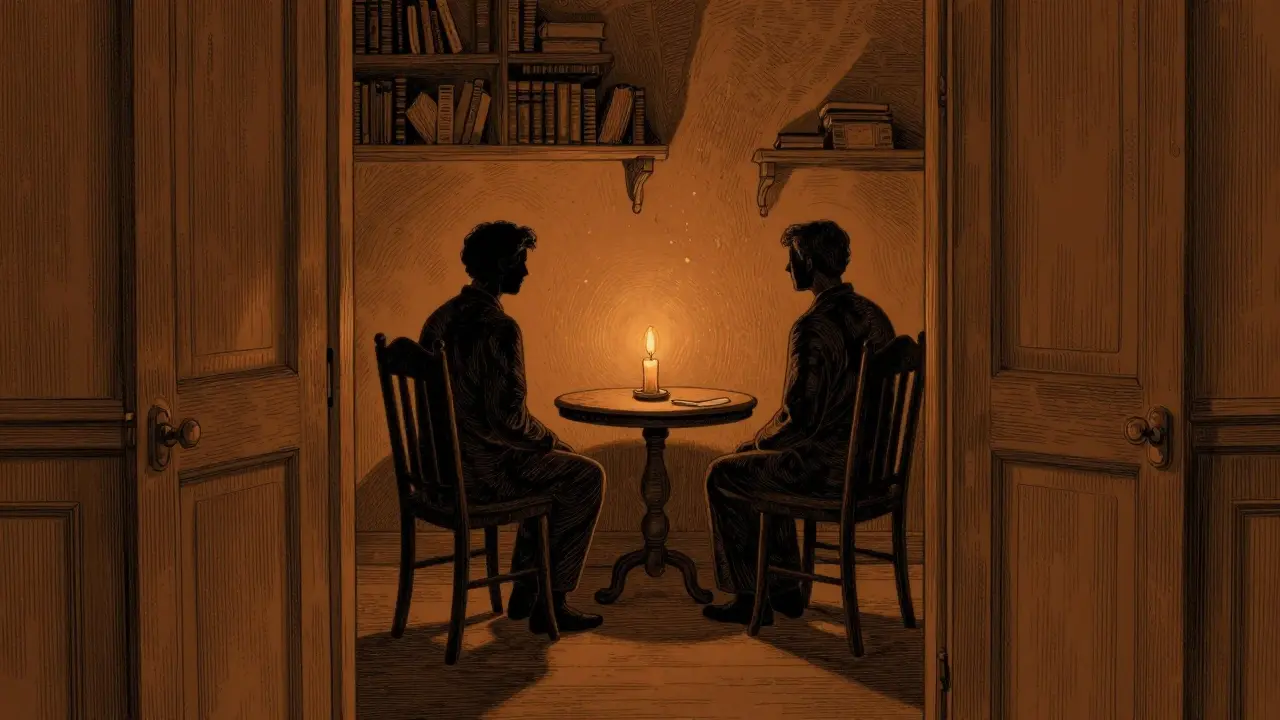 Terapeutický prostor s jemným světlem padajícím na dvě stínové postavy.