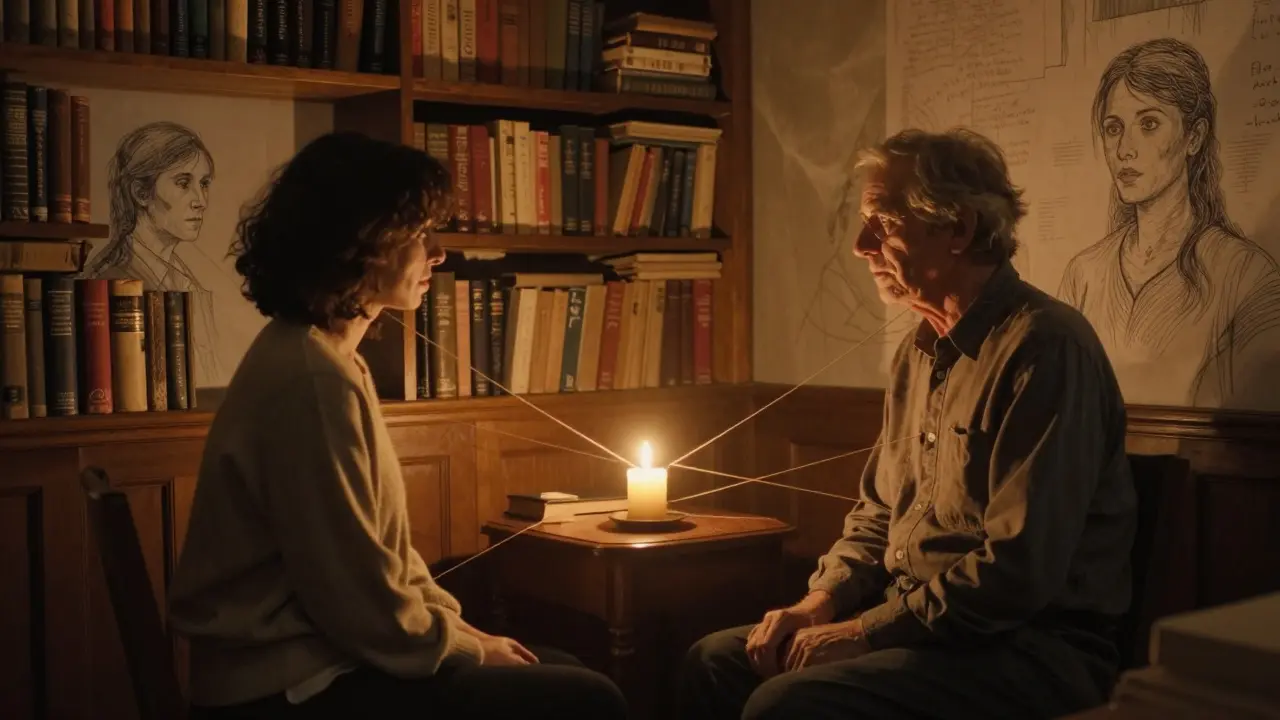 Tichá sezení s terapeutou v teplé místnosti, spojená neviditelnými nitěmi emocí.