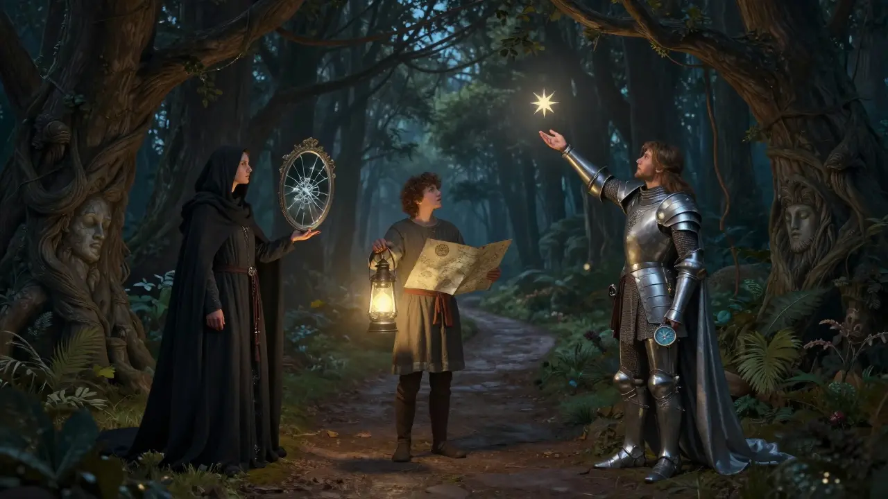 Tři postavy na cestě v lesním kraji, každá osvětlena jiným zdrojem, symbolizující různé přístupy k duševnímu zdraví.