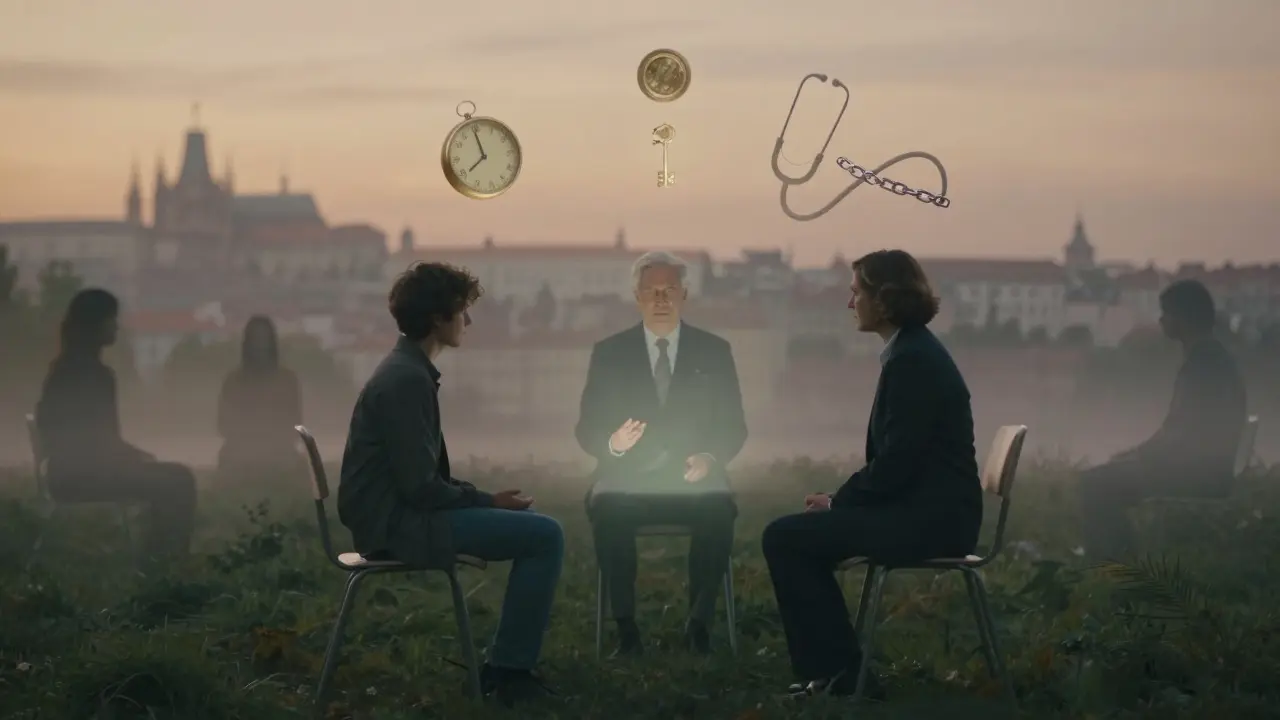 Tři postavy v kruhu s symboly nákladů terapie: čas, peníze, vzdělávání a překážky přístupu.