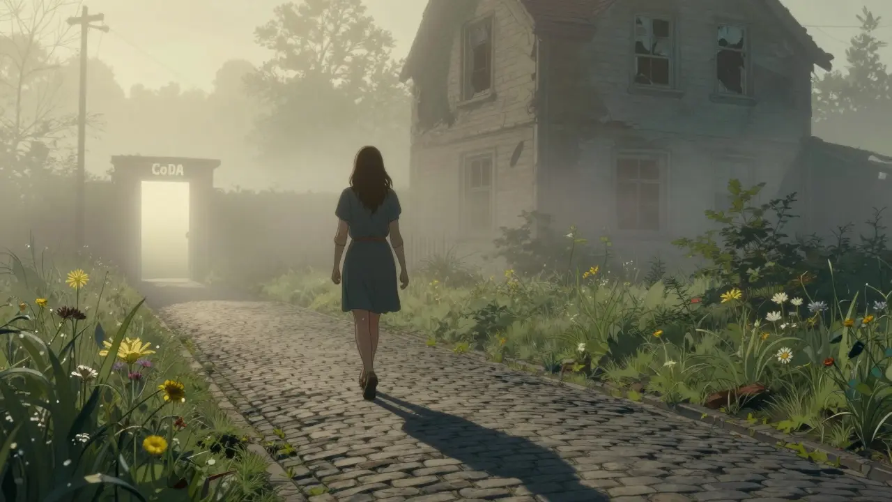 Žena jde po cestě na ranním světle, za ní zaniká domov, před ní září dveře CoDA — znak svobody.