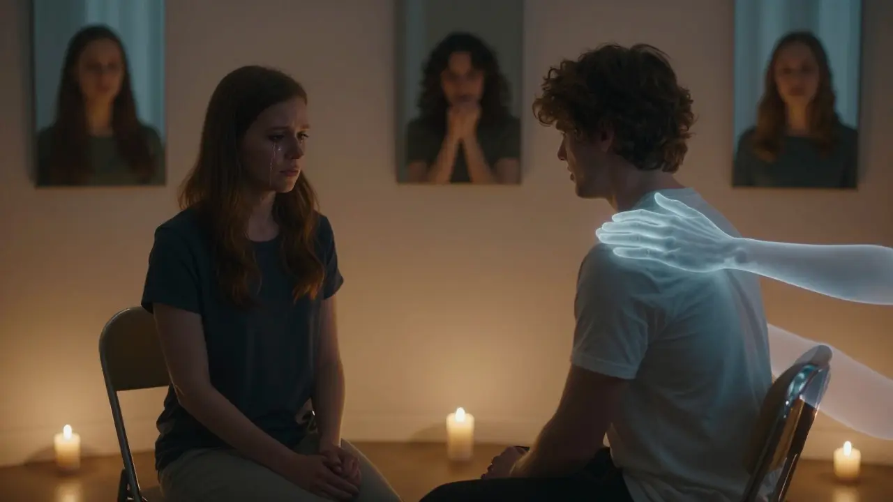 Žena v terapii sedí v klidné místnosti, světlá ruka ji podporuje, zrcadla odhalují její rozdělenou identitu.