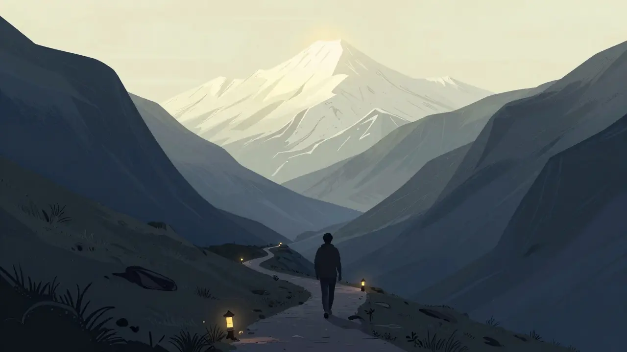 Cesta z temného údolí k jasnému vrcholu hory symbolizující psychický růst a odolnost.