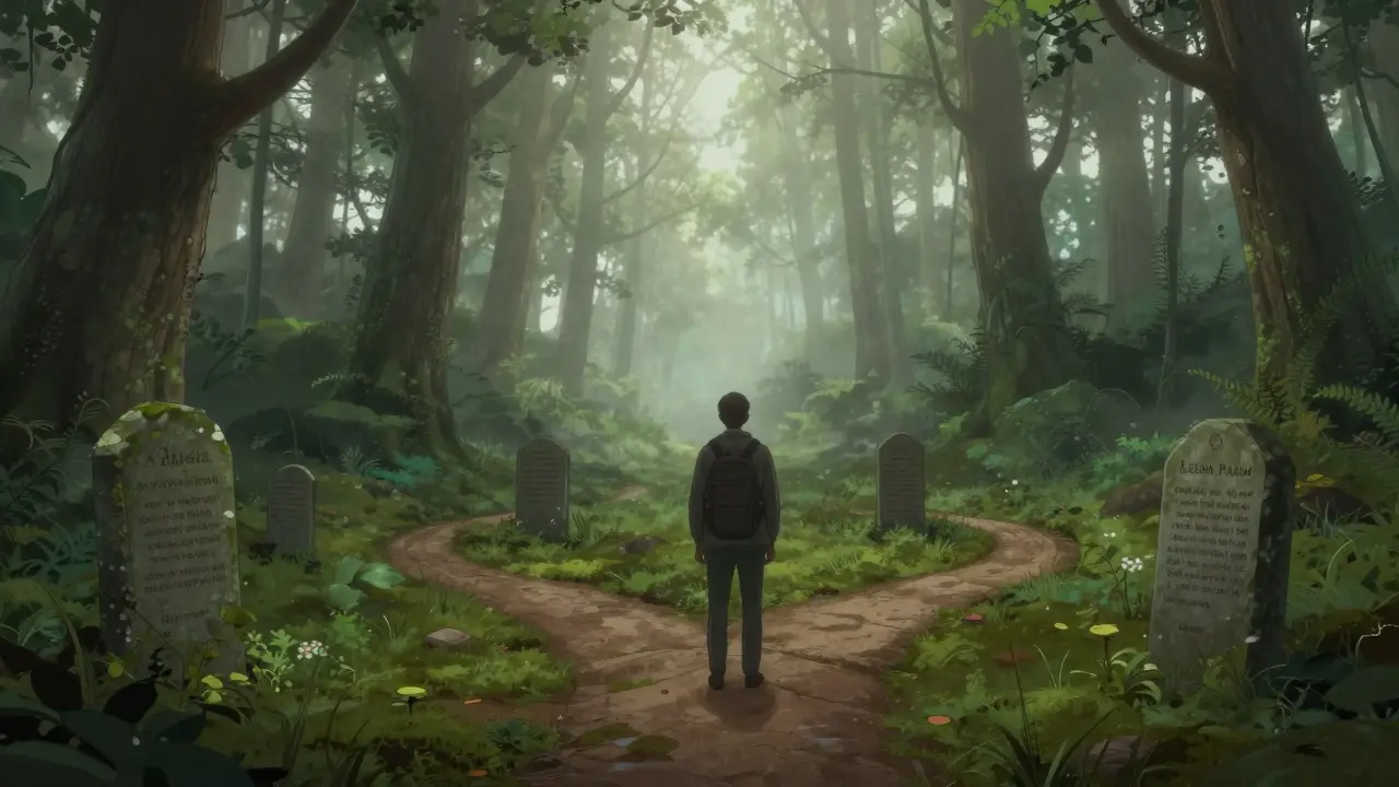 Cestovatel u mlžné křižovatky v lese, hledající správnou cestu k psychickému zdraví.