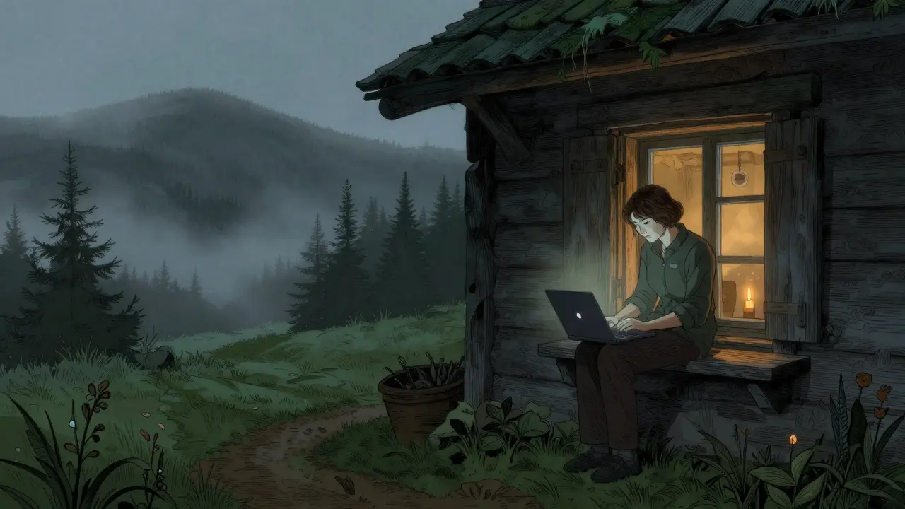 Člověk v chalupě v horách využívající online psychoterapii přes notebook.