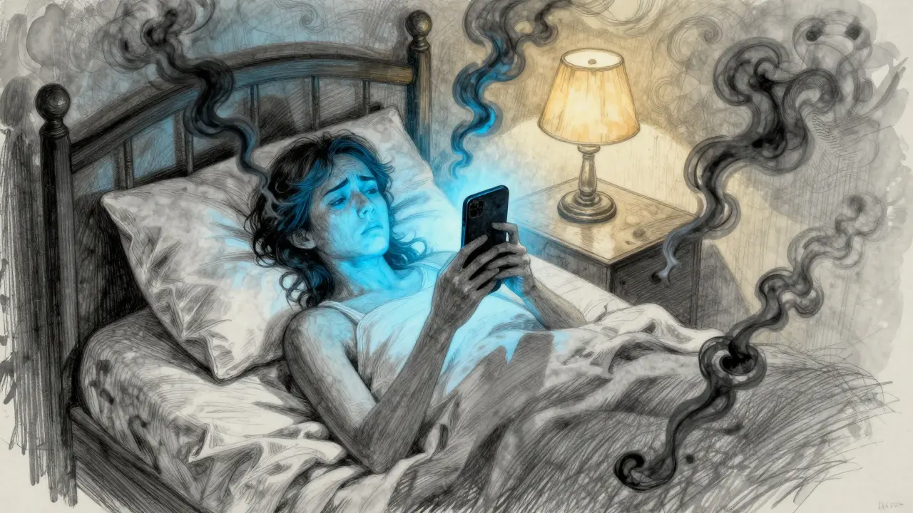 Člověk v posteli s mobilem, kde modré světlo symbolizuje narušení spánku.