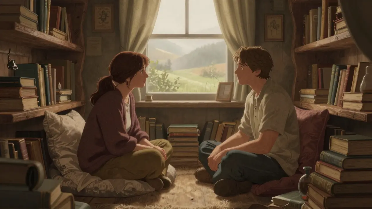 Dva lidé v bezpečném a útulném prostředí během terapeutického rozhovoru.