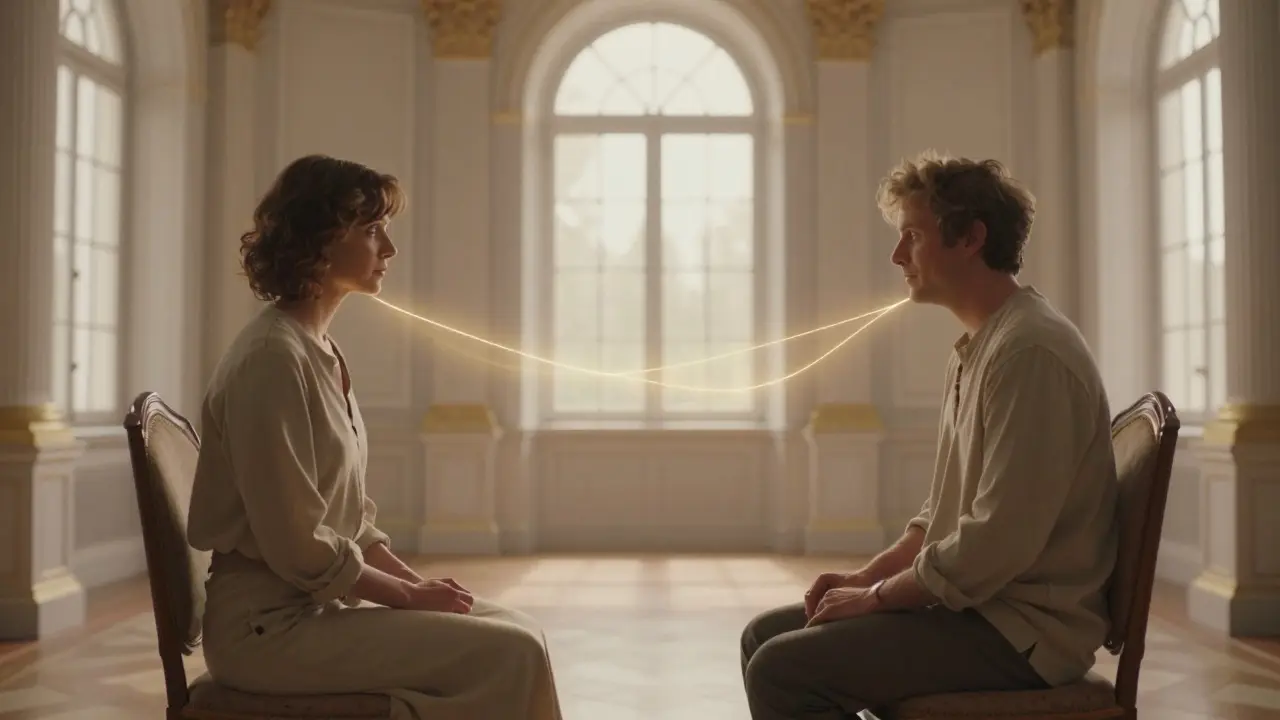 Dvě osoby v pokojném prostředí spojené jemnou zlatou nití symbolizující terapeutické pouto.