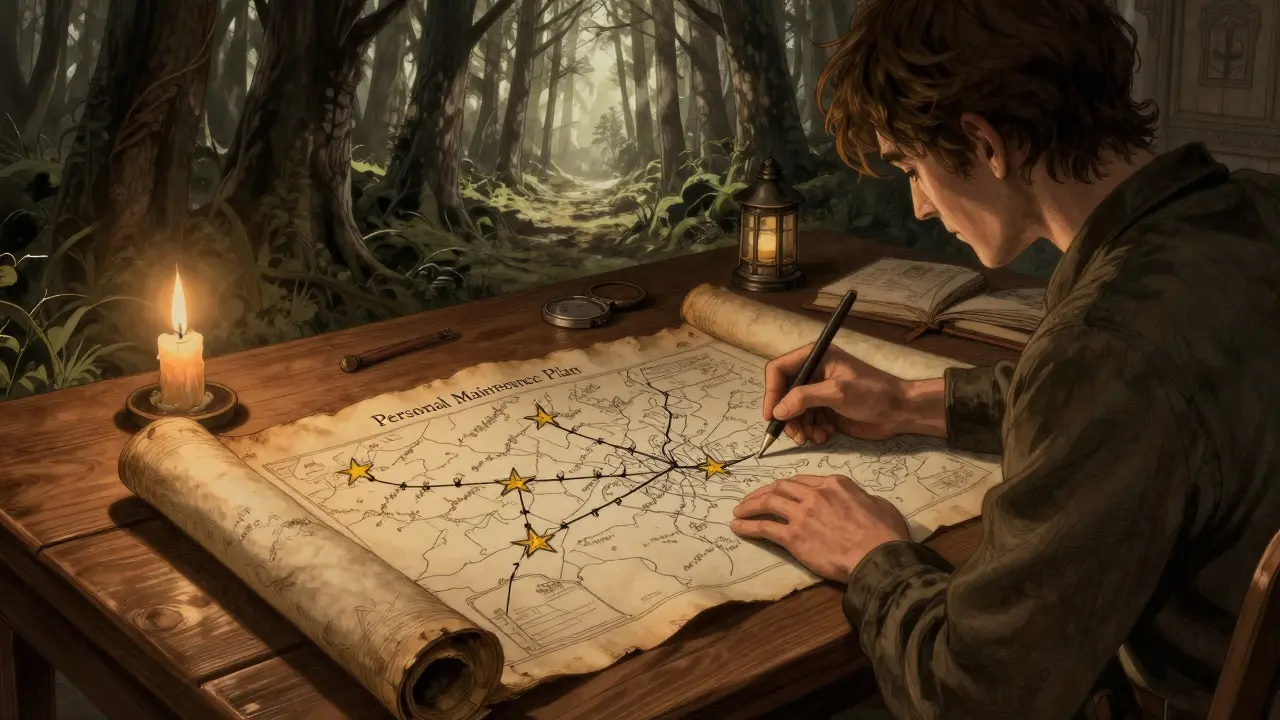 Ilustrace osoby kreslící si mapu sebezvládání s lucernami v tichém přístřeči.