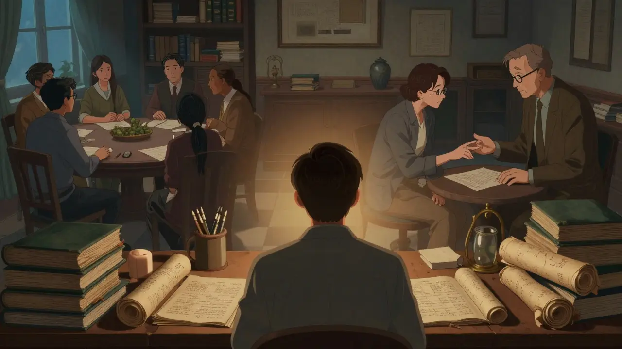 Ilustrace procesu studia psychoterapie, včetně teorie, skupin a supervize.