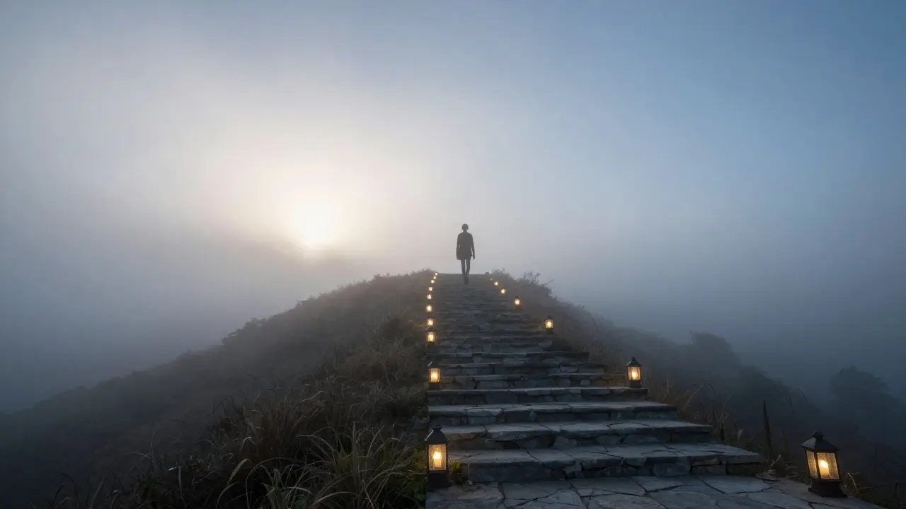 Kámenní schody vedoucí z mlhy k jasnému obzoru s malými lucernami.