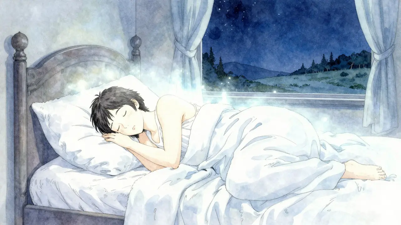 Klidně spící osoba v bezpečí a harmonii pod hvězdnou oblohou.