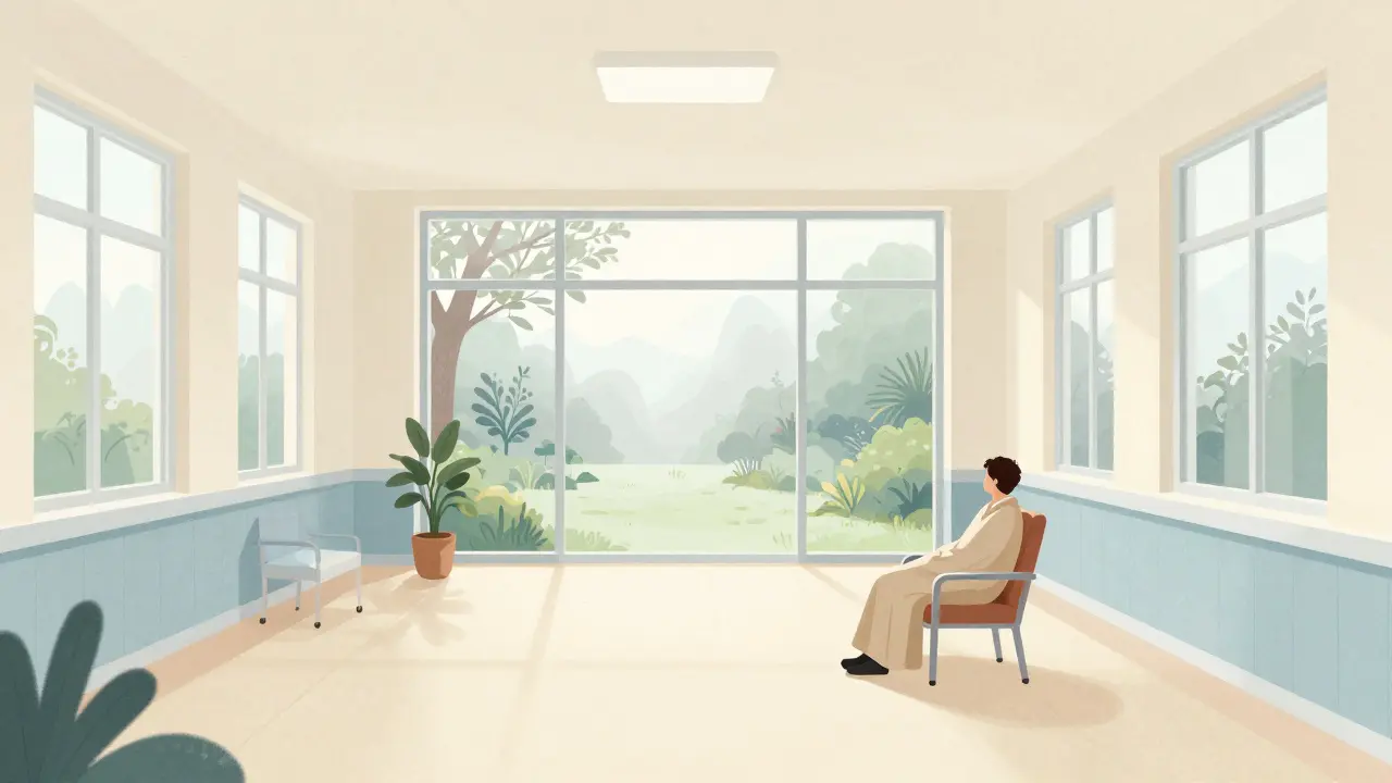 Klidný interiér nemocniční lůžka jako bezpečný přístav pro stabilizaci stavu.