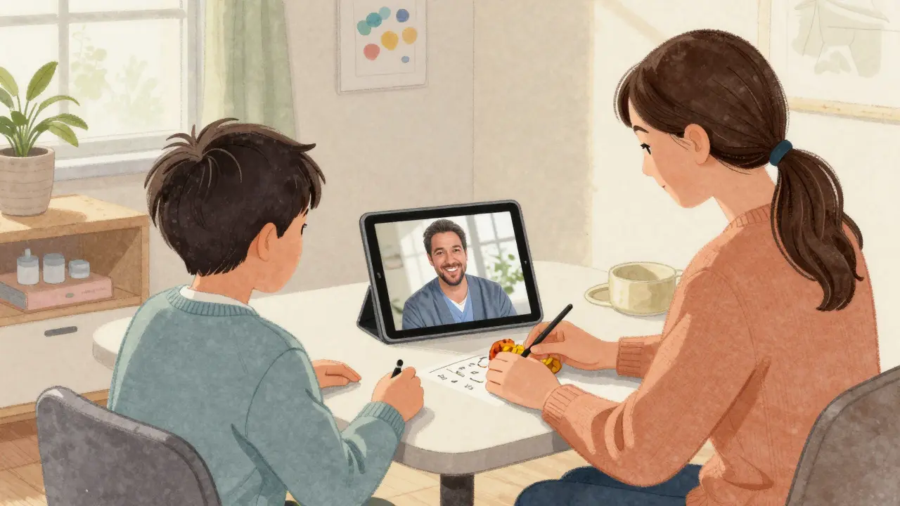 Klidný, přizpůsobený pokoj pro osobu s kognitivním deficitem během online terapie.