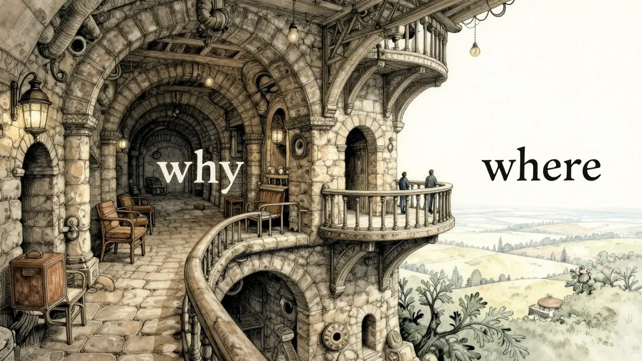 Konceptuální architektura mysli s hlubokým sklepem minulosti a světlým balkonem budoucnosti.