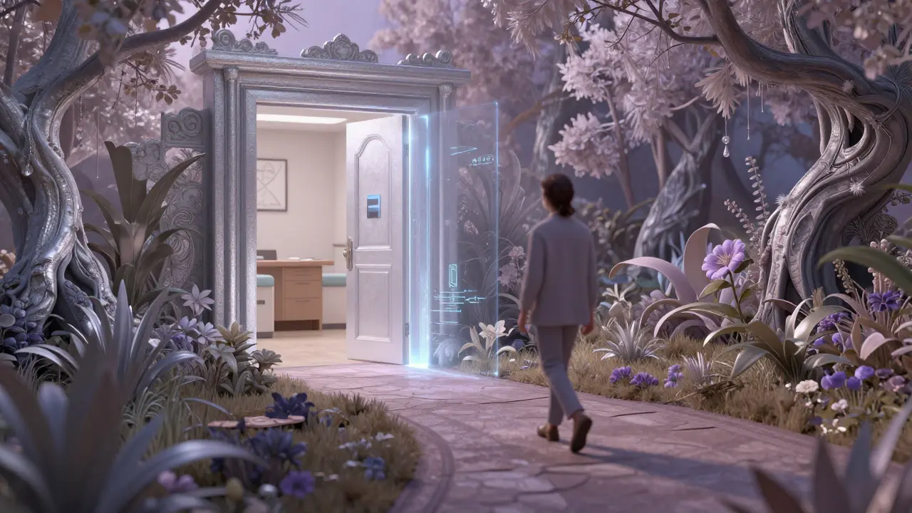 Konceptuální cesta symbolizující kombinaci osobní a online psychologické pomoci.