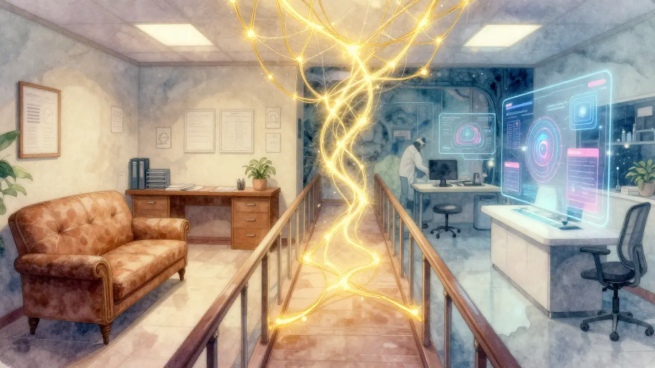 Konceptuální obraz propojující tradiční ordinaci a digitální prostor zlatou nití důvěry.